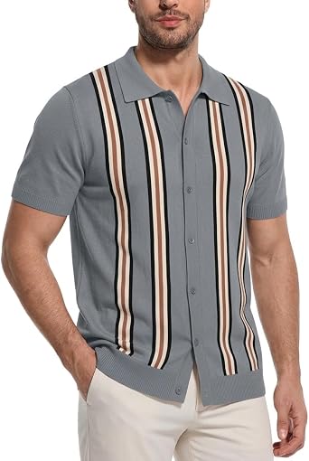 Knit Button Down Shirt Men- Mens Vintage Knit Polo Shirt- 70s Short Sleeve Retro Polo Shirts Vertical Stripes for Casual