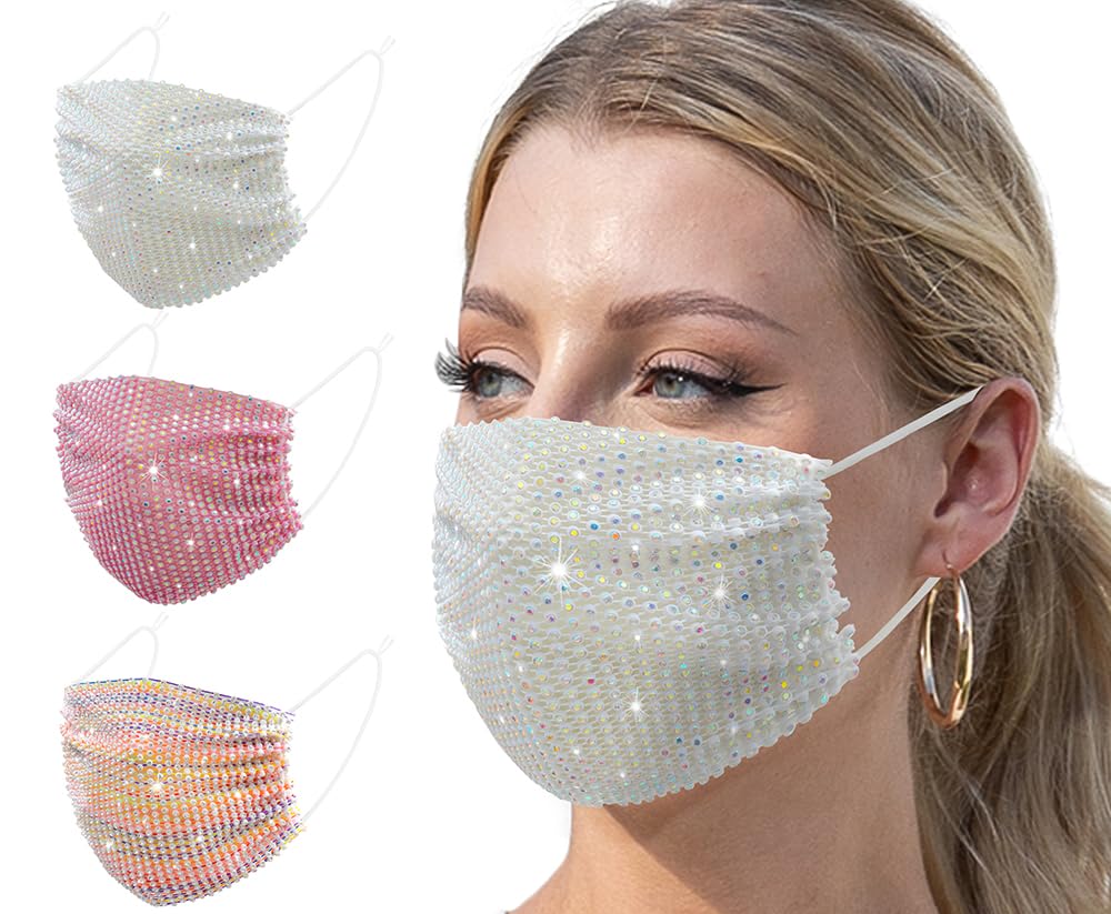 Auriviz 3 Pcs Multi Color Sparkling Rhinestone Masks Womens Customized Mesh Masks Christmas and Halloween Latest Gifts Music Festival Birthday Party Decorations Suitable for Teenagers Girls and Women