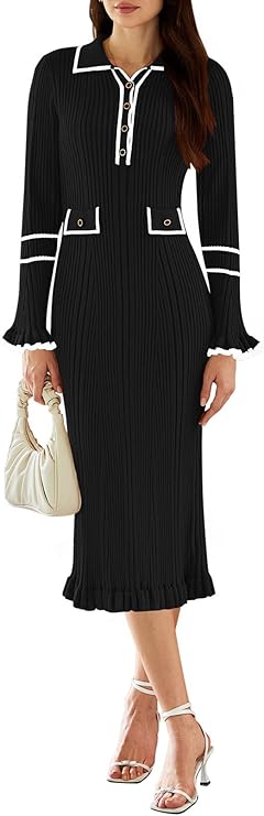 Fall Fashion Favorites Pink Queen Women's V Neck Bodycon Sweater Dress 2025 Long Sleeve Half Button Slim Fitted Ruffle Ribbed Knit Maxi Pencil Dress
