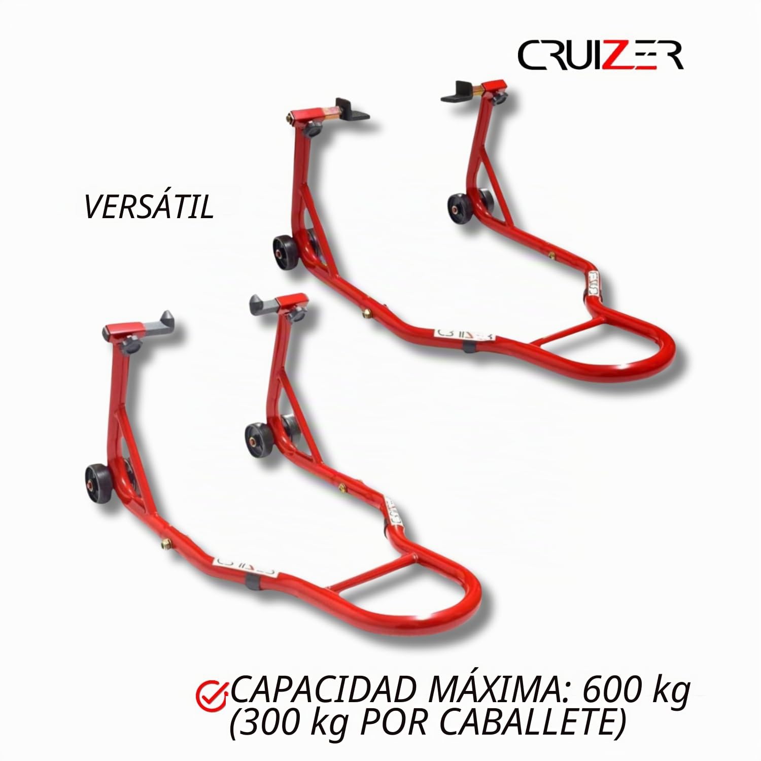 CRUIZER Caballete delantero para moto con enganches de conos + caballete trasero con placas ajustables con ruedas subyacentes, barras y refuerzos laterales. Carga máxima de 600 kg