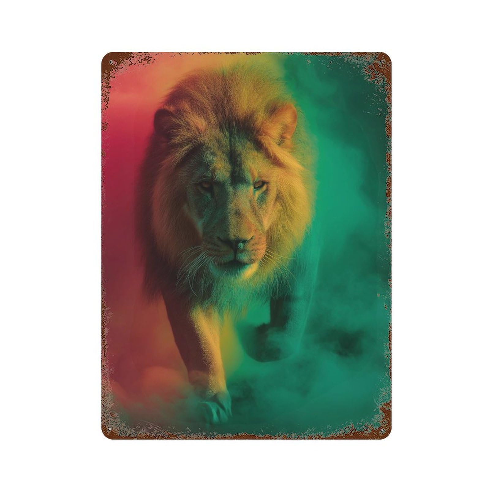 Vintage Rust Metal Sign Colorful Lion Portrait 15.7"x11.8", Old School Wall Decor for Office, Studio And Wall Decor