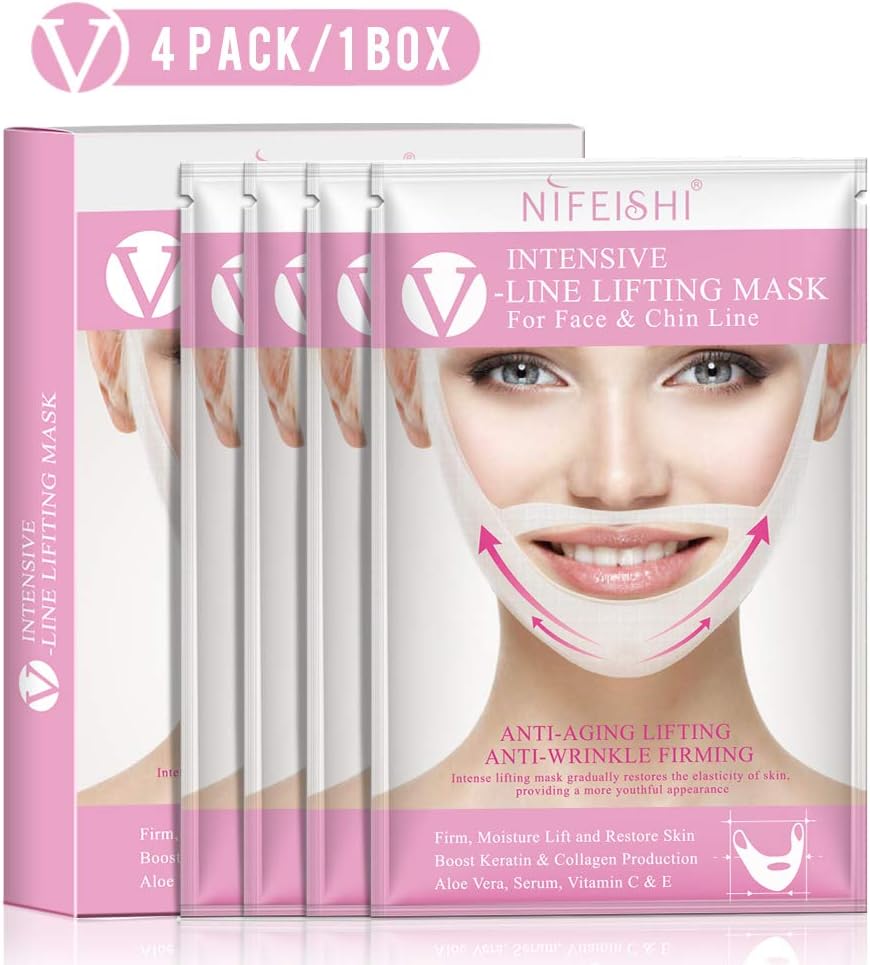 V Line Mask and Double Chin Reducer, Intense Lifting Patch for Chin Up & V Line, Firming and Moisturizing Korean Chin Mask Face Lifting Masks 4 Pcs