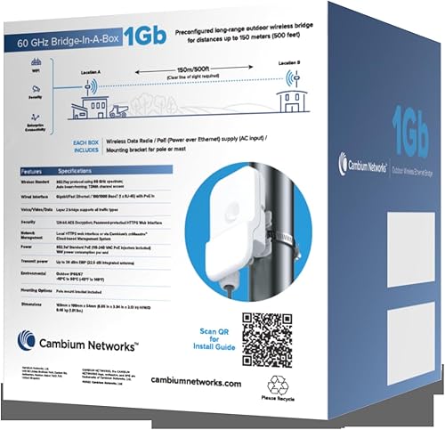 Miniatura 3 de Cambium Networks Puente de 60 GHz en una caja de 1 Gb- Extiende la conectividad a Internet hasta 500 pies (492.1 ft), rendimiento de 2 Gbps,