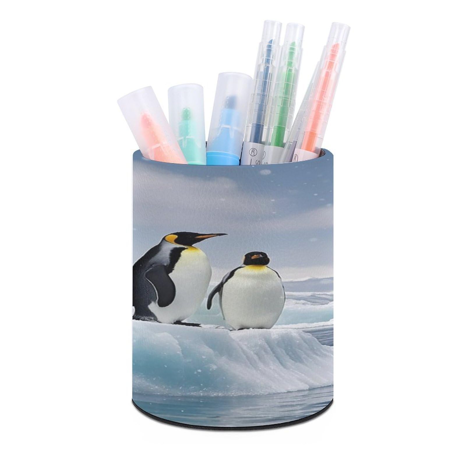 FekiLoot Round Penguins On The Iceberg Pen Holder for Desk PU Leather Waterproof Pencil Cup Stand Minimalist Makeup Brush Storage Organizer Desktop Stationery Container Accessorires