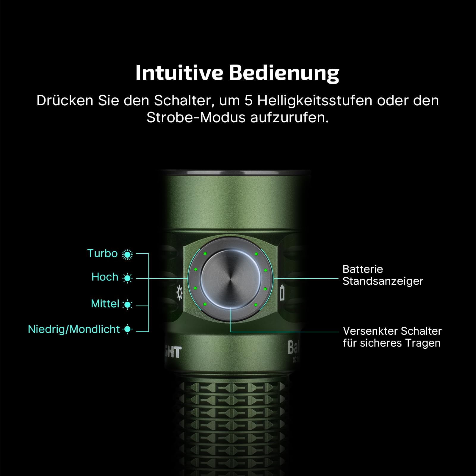 OLIGHT Baton Turbo kleine Taschenlampe 1000 Lumen bis zu 510 Meter Leuchtweite Wiederaufladbare Hanlampe mit Intelligent Anzeige, 50 Tage Laufzeit, 91g Mini Flashlight mit 5 Lichtmodi OD Grün