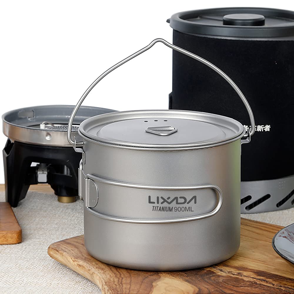 750 ml / 900 ml / 1100 ml Olla de Titanio Ultraligera Taza de Agua con Tapa y asa Plegable al Aire Camping Cocina Picnic