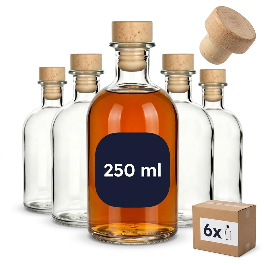 gouveo Set of 6 Glass Bottles 250 ml Pharmacist with Cork (HGK) - Round Bottle for Filling - Empty Apothecary Bottle for Liqueur, Oil, Vinegar (AFRT250HGK)