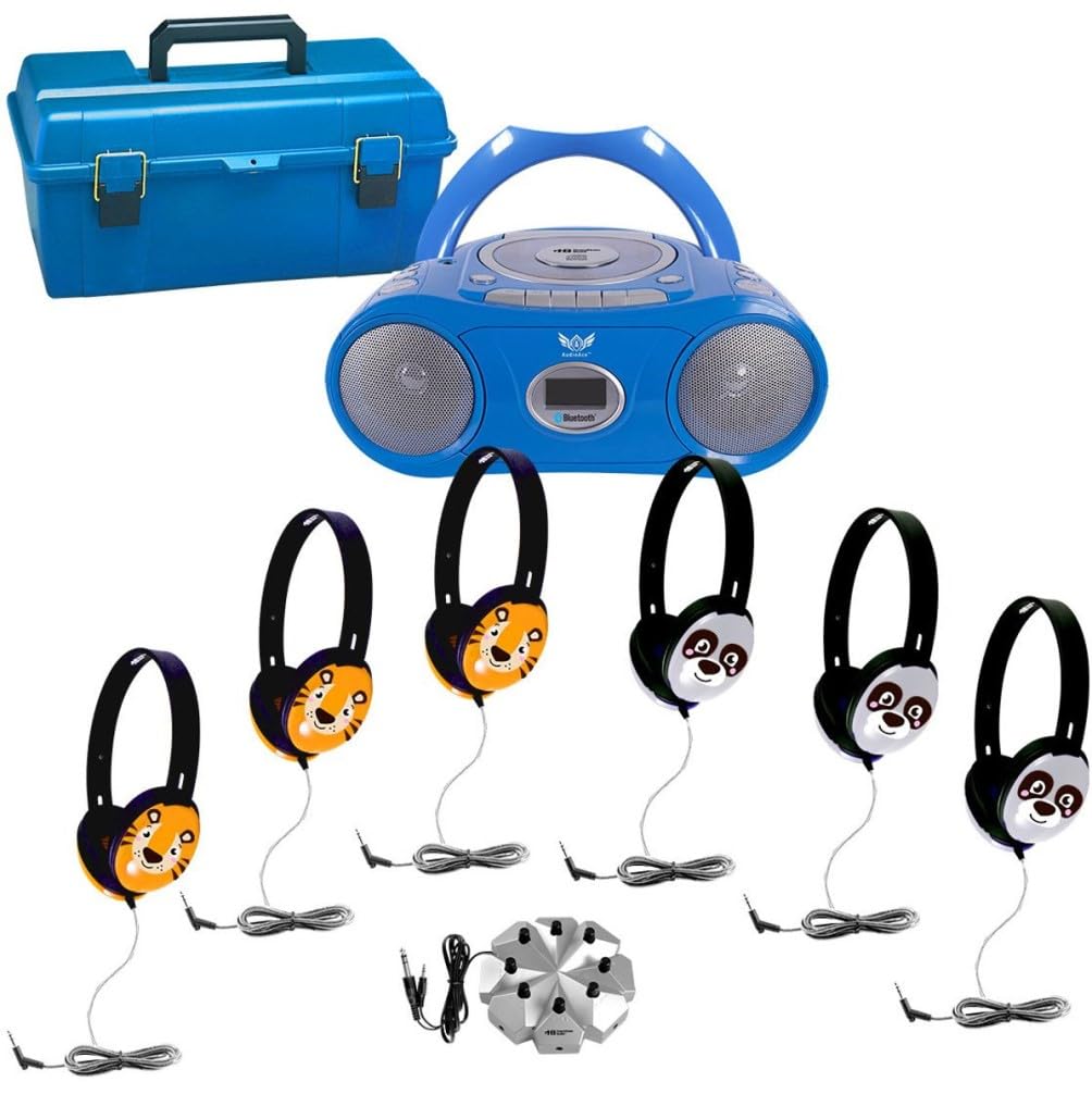 HamiltonBuhl LCP/CD385/6PT 6-Station Listening Center with AudioAce Bluetooth Boombox, (3) Primo Tiger and (3) Panda Headphones, Jackbox, and Carry Case