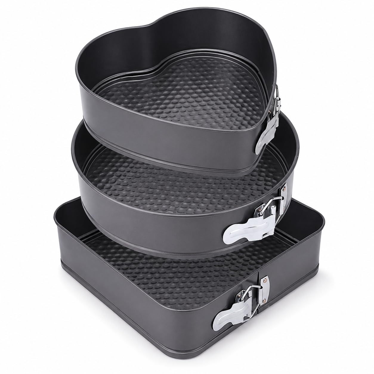 Springform Cake Tin Set of 3 – Non-Stick Loose Bottom | 8" Heart, 9" Round, 9.5" Square (20/22/24 cm) for Cheesecake, Traybakes | Carbon Steel, Leak-Resistant