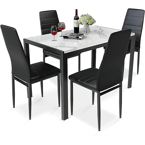 Recaceik Furniture 5 Piece Faux Dining Set, Modern Kitchen Table Marble Top and High Chairs for Breakfast Nook Small Spaces(White)