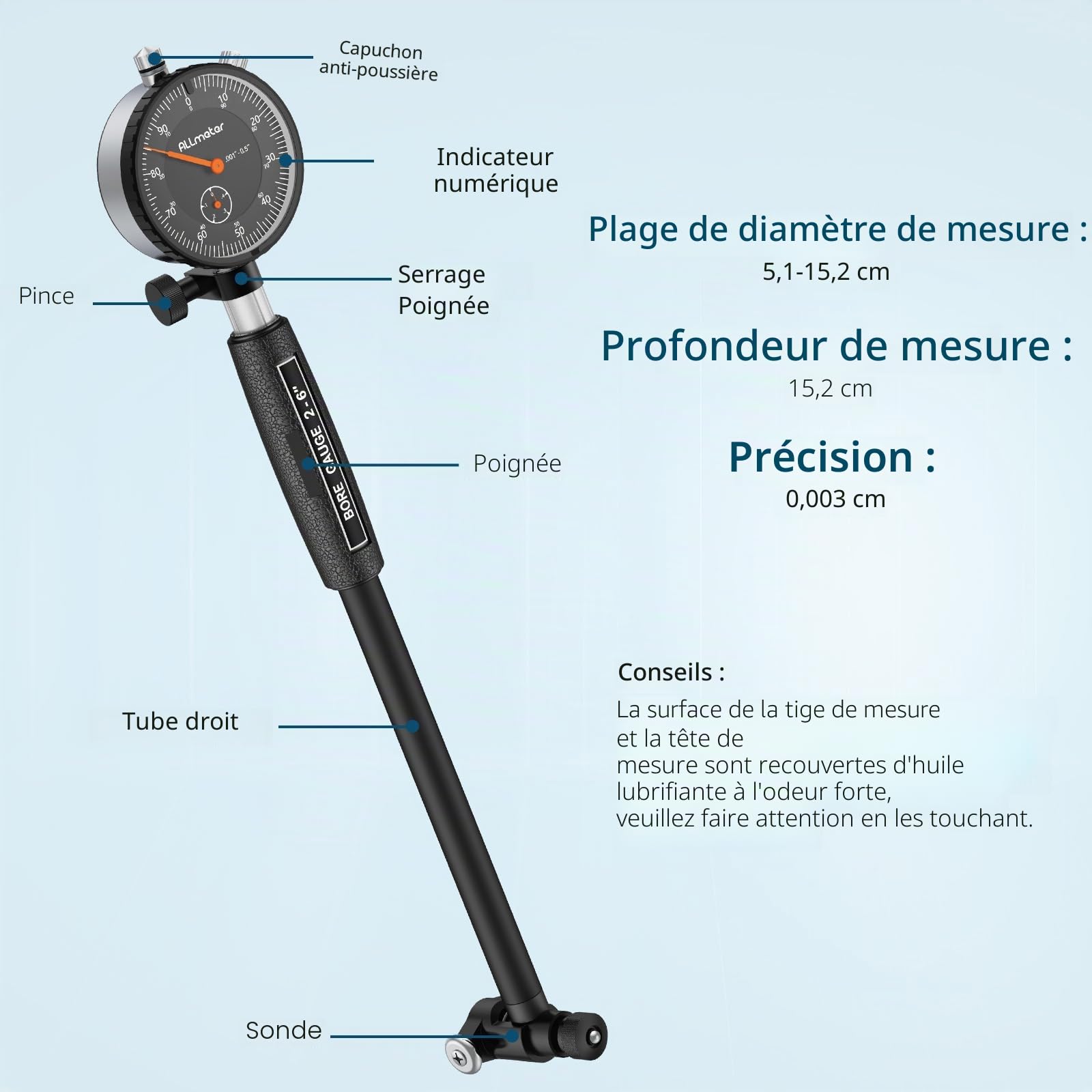 Jauge d'alésage Comparateur mecanique 50-160 mm Profondeur 150 mm Mesure interne outil pour cylindre Précision 0,01 mm Avec Tige de mesure Et 12 Sondes standard