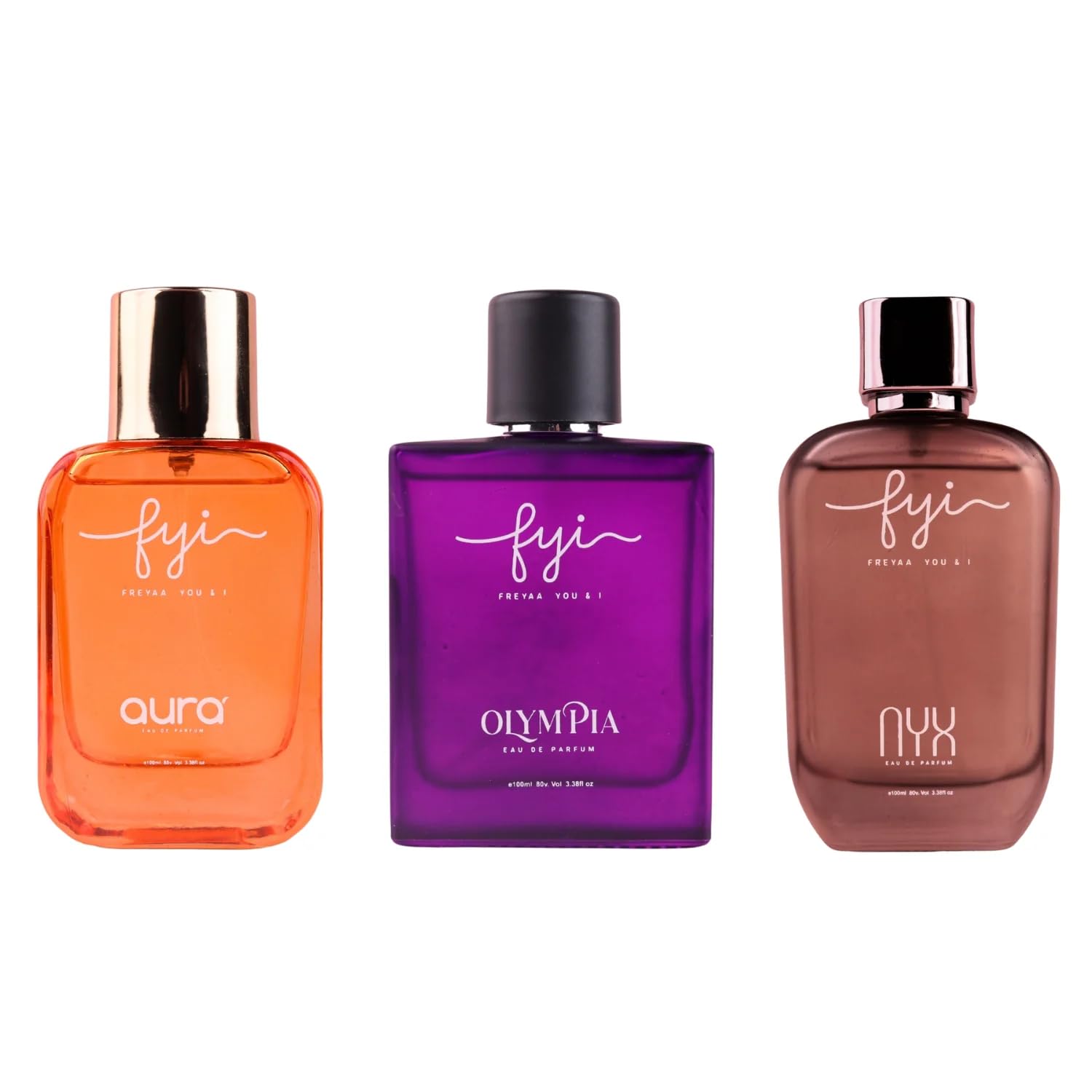 FYI Aura, Olympia & NYX Unisex Perfume Set, Long-Lasting Scents with Citrus, Herbal, Spicy & Fresh Notes, Versatile, Skin-Friendly & Cruelty-Free, Gift Set for Men & Women (Pack of 3-100ml Each)