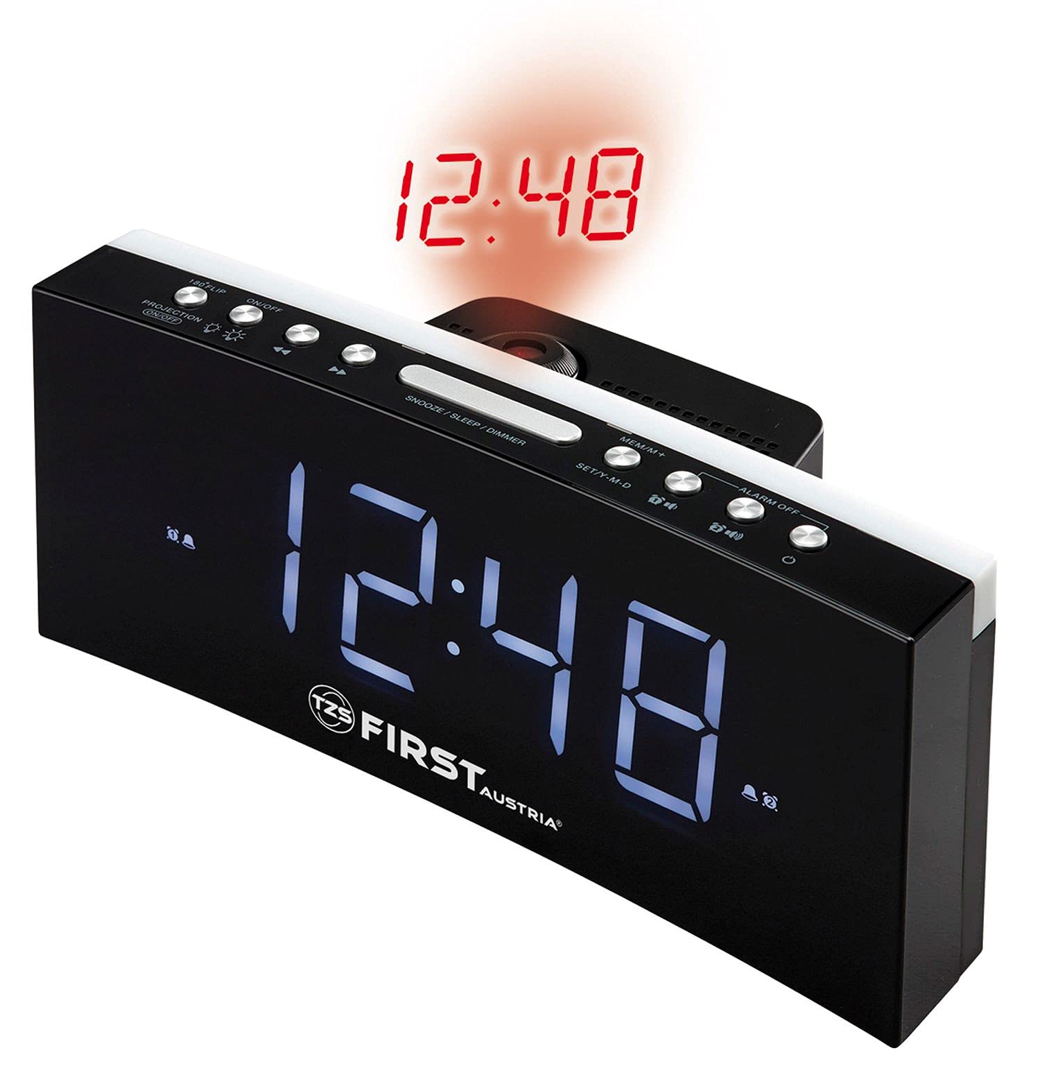 TZS First Austria Radiosveglia, radio FM, LED blu da 1,8 pollici, doppio allarme, calendario, luce notturna, proiezione regolabile