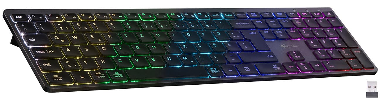 Teclado: Teclado inalámbrico Multi-Dispositivo, para Android, iOS, Windows y macOS, 2,4 GHz inalámbrico, Bluetooth (de Formato Completo, teléfono móvil)