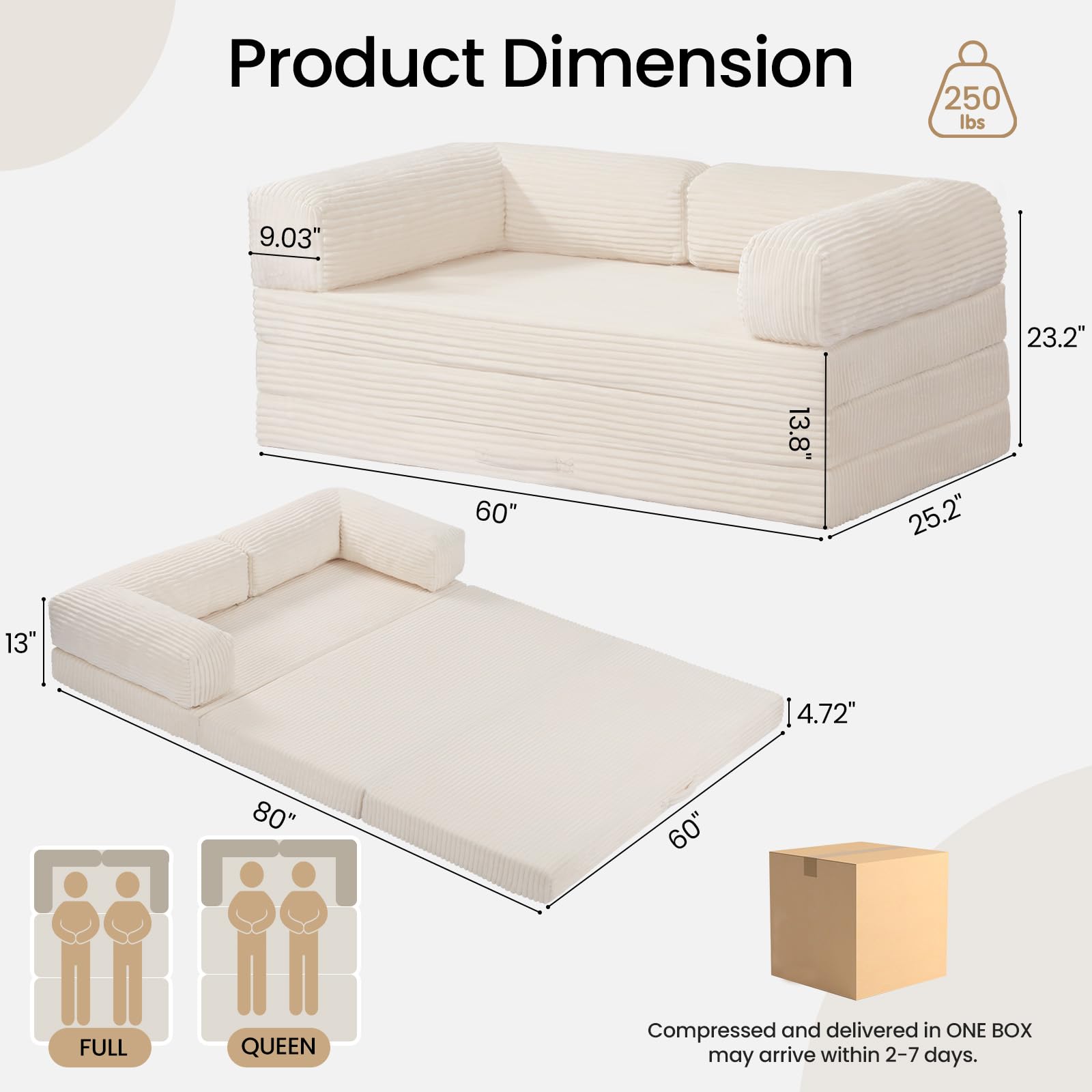 Erament Futon Sofa Bed Queen, Convertible Tri Folding Mattress Foldable with Removable Armrests & Washable Cover, 5-Inch Floor Mattress with High-Density Foam, Small Pull Out Couch Bed, Beige