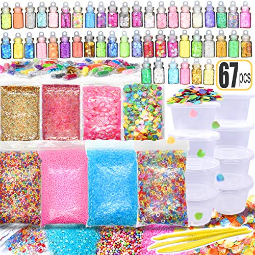 67PCS Slime Supplies Include Sugar Paper Ingredients Floam Beads Fish Bowl Beads Shell Glitter Jars Slime Containers with Lids 4OZ