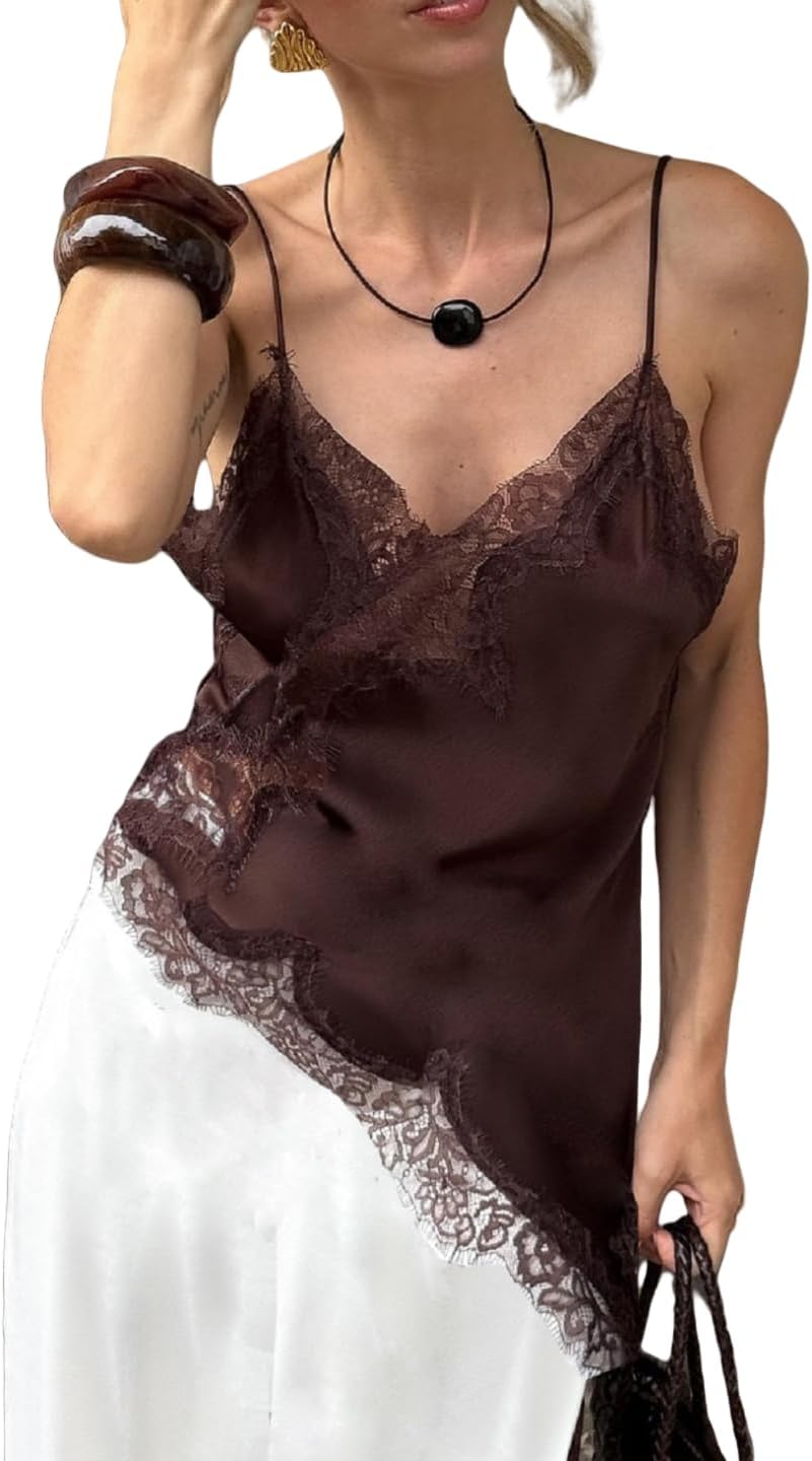 Seyurigaoka Women Lace Satin Camisole Long Tops Spaghetti Strap Low Cut Slip Dress Party Club Swing Dress Streatwear