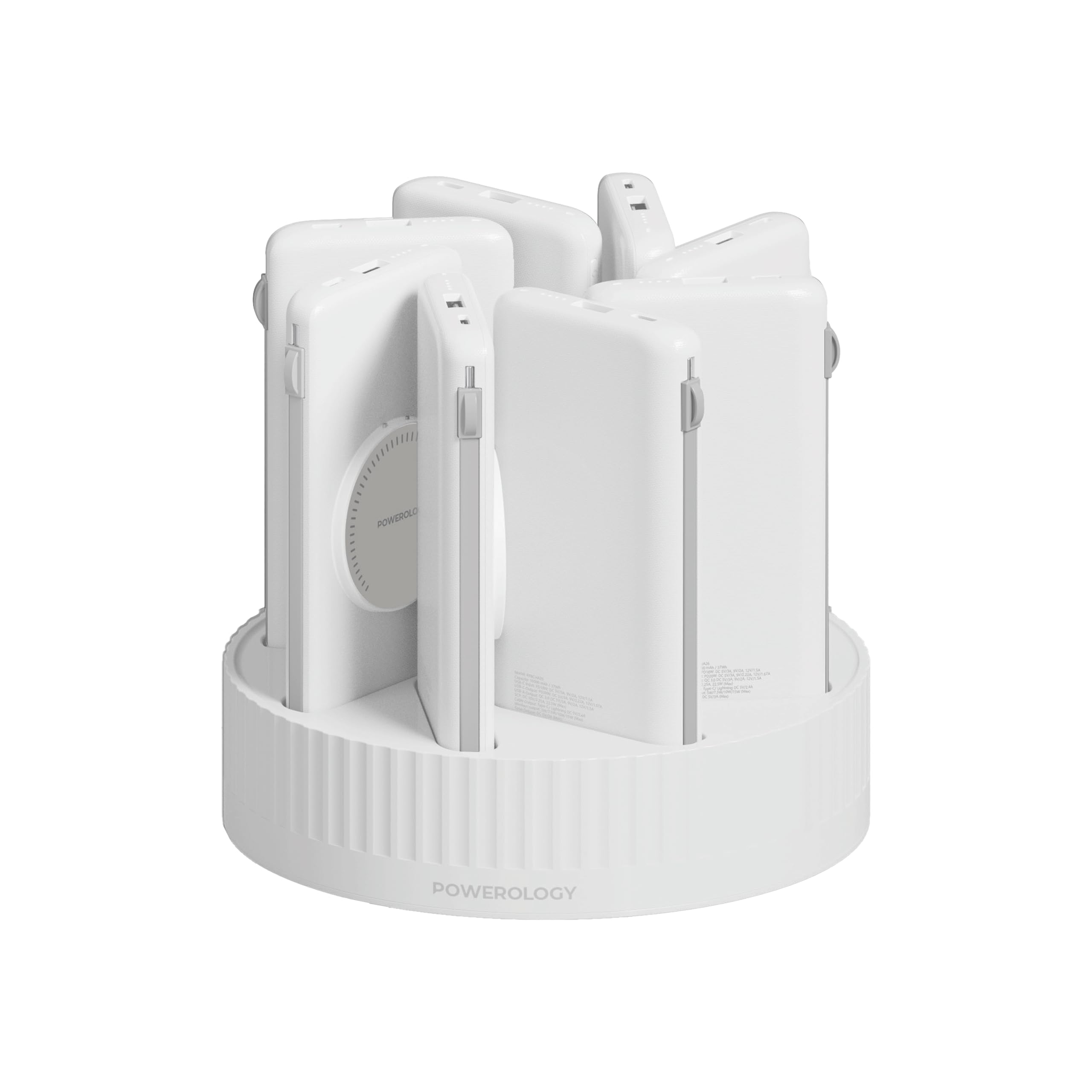 Powerology 8x10000mAh Power Bank Station, Compatible with MagSafe With Dual USB-C + Dual USB-A Output Ports, Built-In Type C & Lightning Cables, PD20W, All-in-One Rapid Recharging Station - White