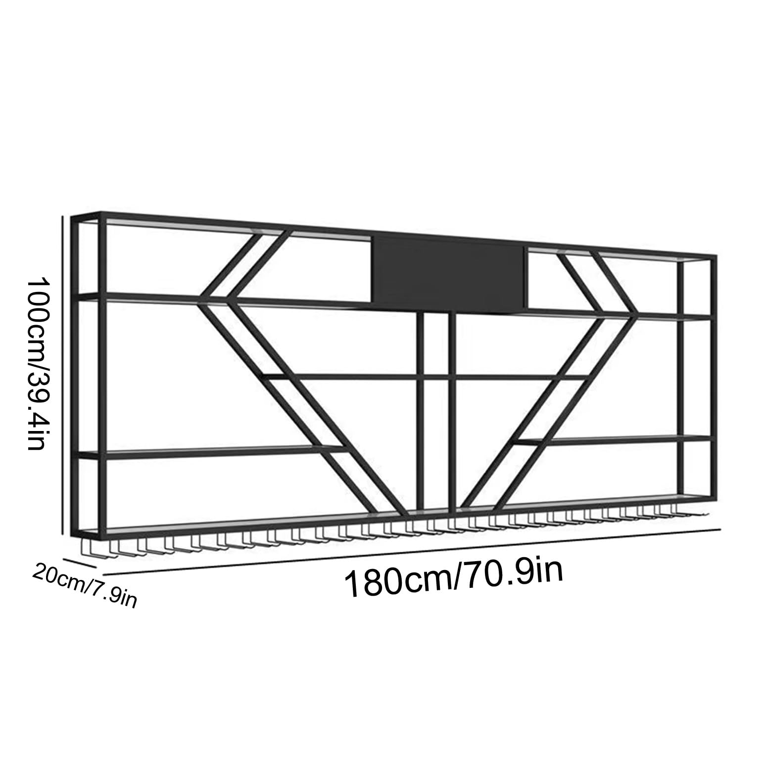 Nowoczesny ścienny metalowy stojak na wino ze światłem LED, stylowe półki do przechowywania czarnego wina do kuchni, kawiarni, domowego baru - 180 cm x 20 cm x 100 cm