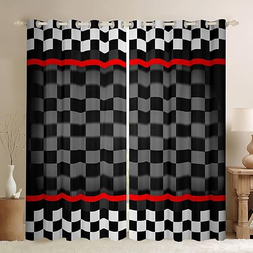 Feelyou Cortinas modernas de cuadros negros y blancos para ventana, diseño de cuadrícula para niños, cortinas de rayas rojas para dormitorio, sala