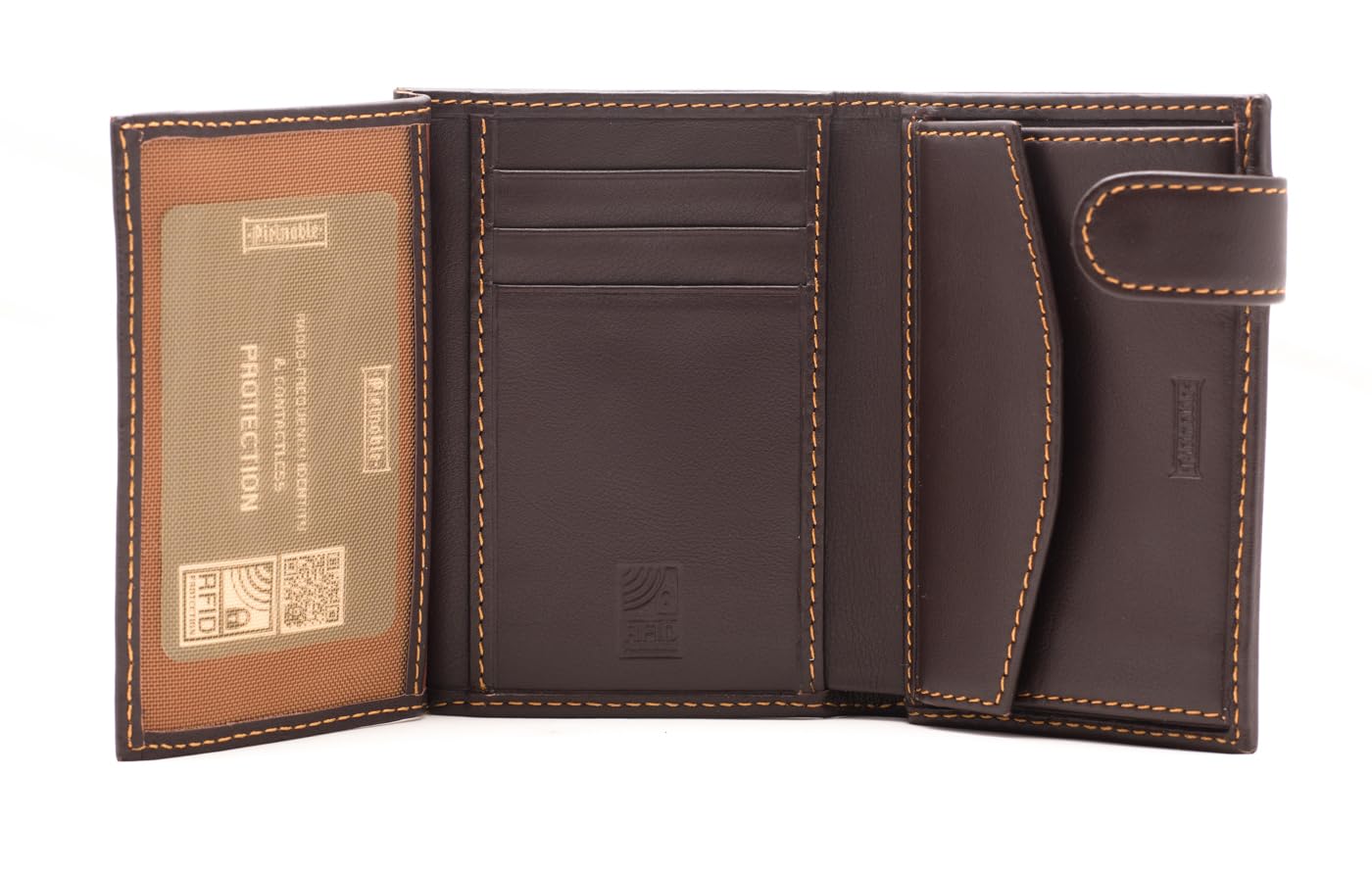 PE228 Cartera Marron de Piel Legitima con Broche Exterior y Monedero Interior para Hombre | Billetera con Protección RFID, Doble Billetero.