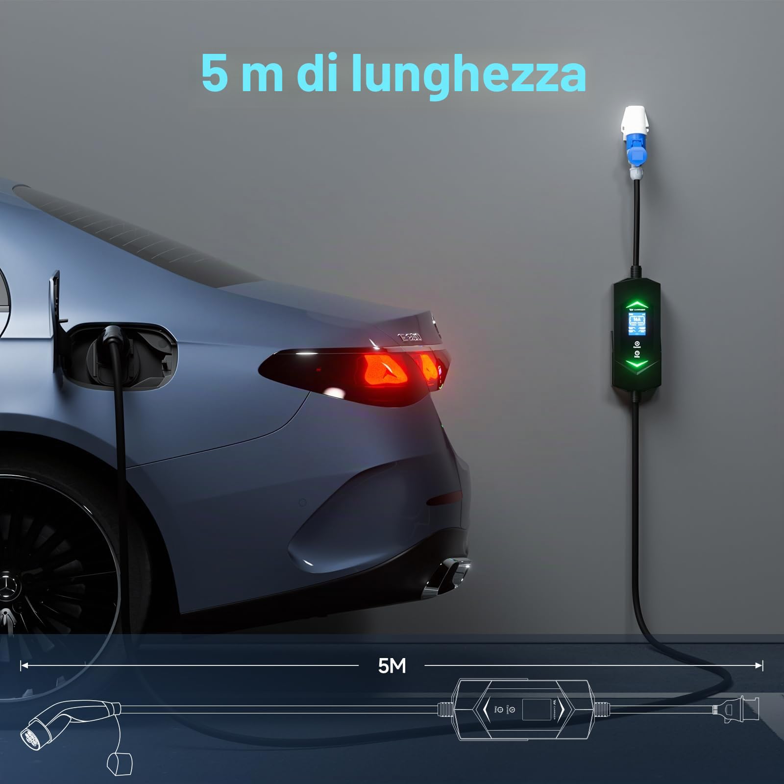 Cavo Ricarica Auto Elettrica Tipo 2 7,2kW [5m, Monofase, 6A-32A],Colonnina Ricarica Auto Elettrica,wallbox 7 kw con LCD Controllo Digitale impermeabile IP66