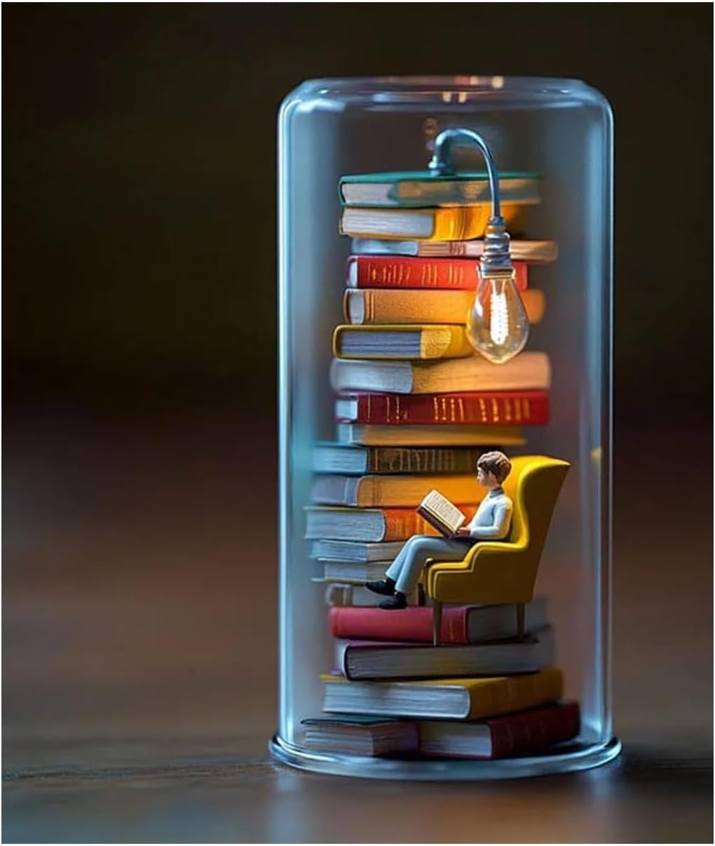 Reader Night Light, Miniature Book Lover Lamp Sculpture with Mini Books and LED Light, Mini Reading Figurine Tiny Bookshelf Library Statue, Gift for Family, Friends, Colleagues (D)