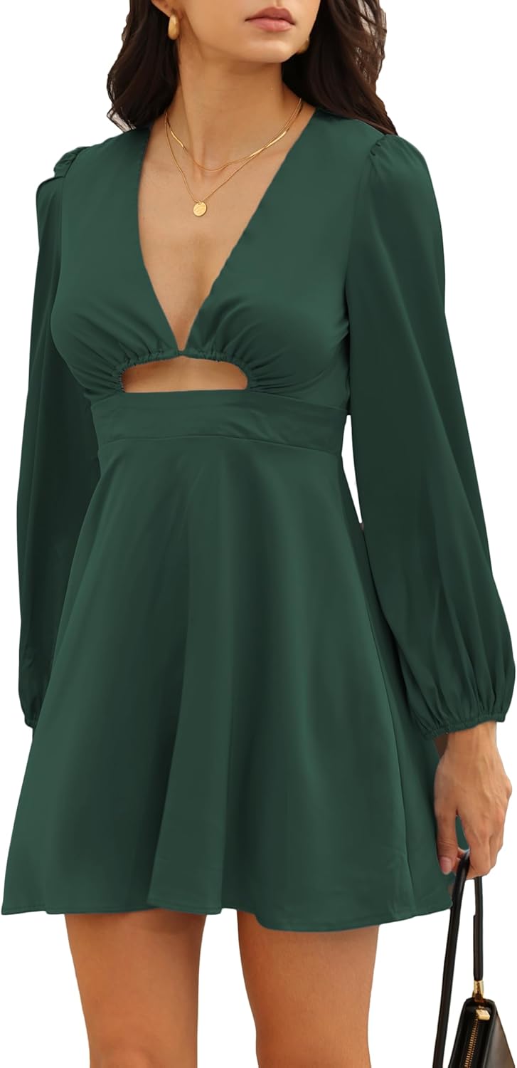 Women's Dress Satin Deep V-Neck Long Sleeve Mini Dress Silk Lantern Sleeve A-Line F...