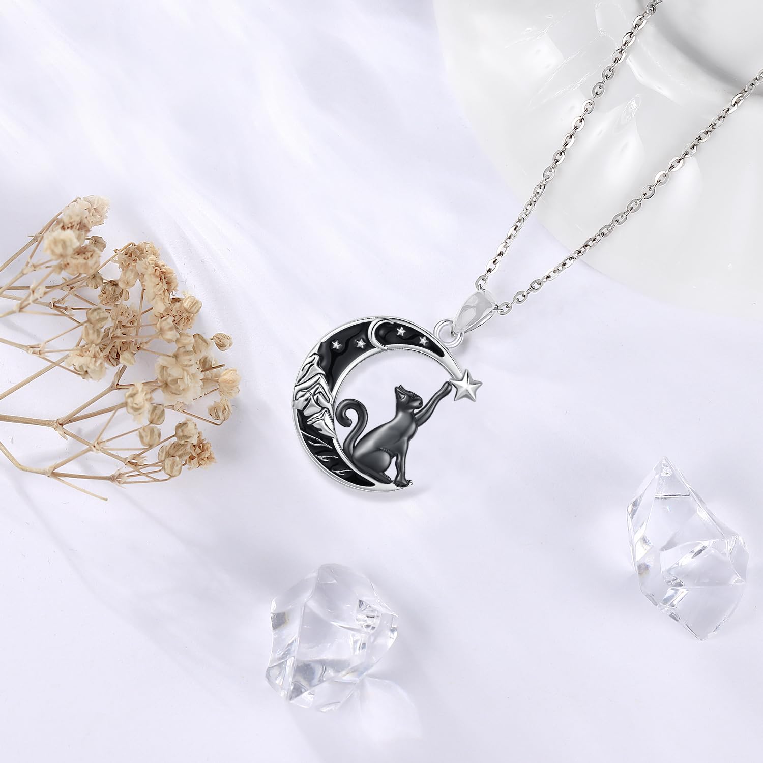 Collana Gatto Donna Argento 925 con Pietra di Luna, Ciondolo Gatto Luna, Gioielli di Animali per Donne Ragazze Amanti dei Gatti