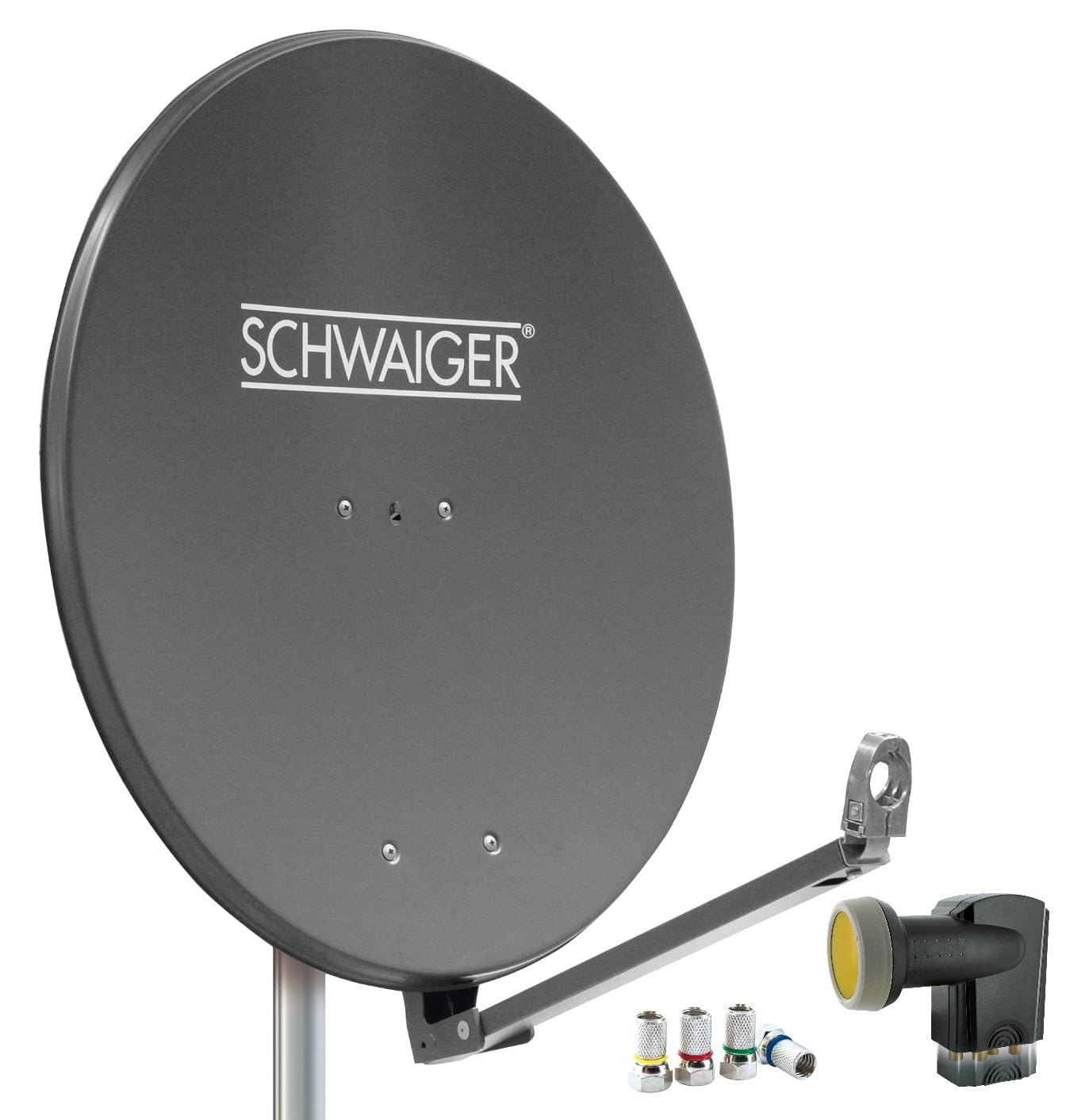 SCHWAIGER 4609 Installation Satellite Kit Satellite Parabole Quad LNB numérique 8X fiches F 7mm Antenne Sat en Aluminium Kit Complet Anthracite 88 x 88 cm
