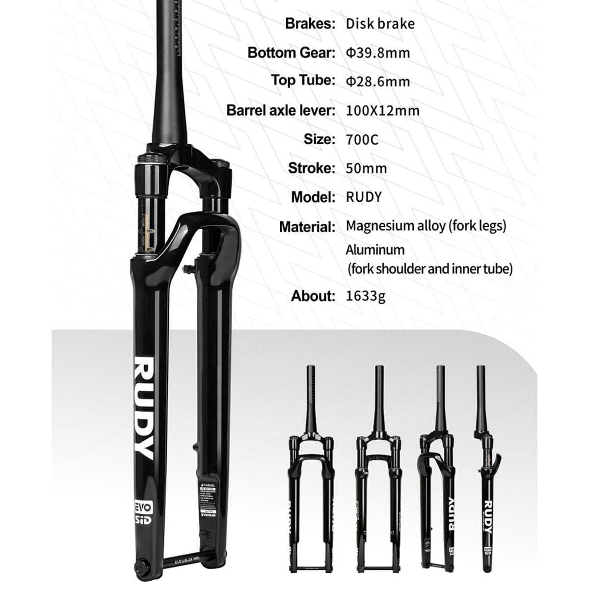 700C Gravelbike-Federgabel, 50 mm Federweg, 1-1/2" konisch, Offroad-Scheibenbremse vorne, XC-Luftfederung, manuelles Lockout, 100 * 12 mm Steckachse (Mattschwarz)