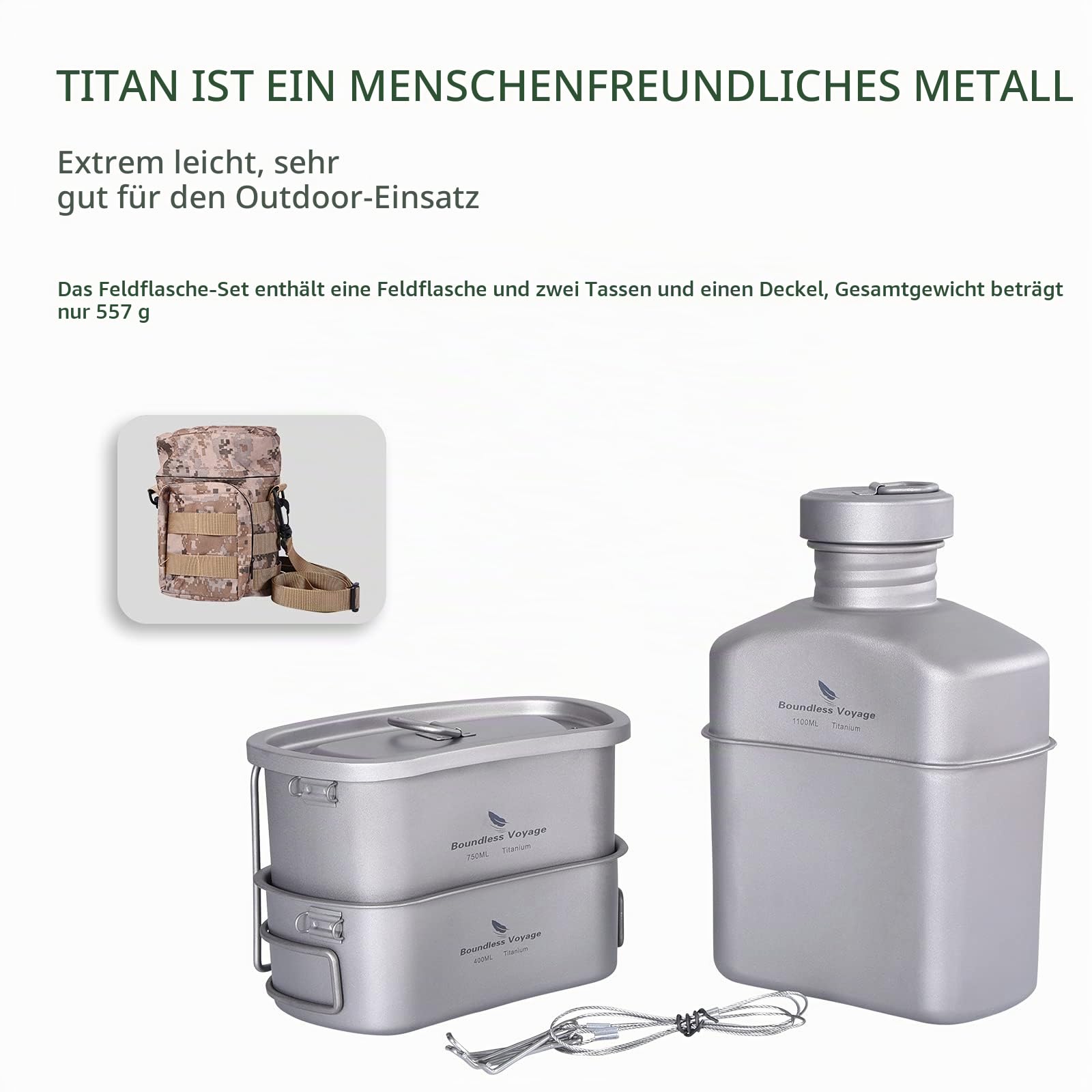 Boundless Voyage Titanium Military Canteen mit Tarnbeuteln Niereförmiges Camping Pot Pan Set mit großer Kapazität und Deckel und hängender Kette