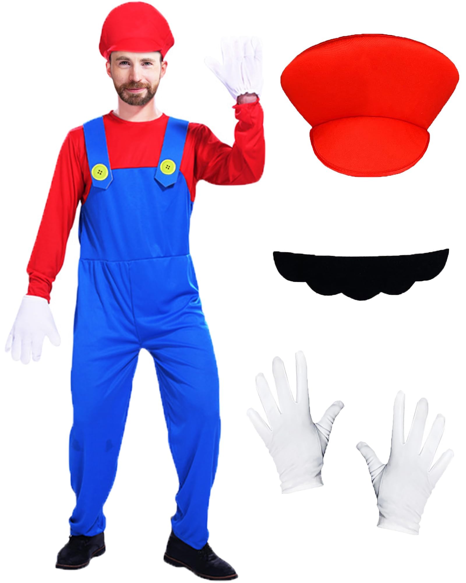 BITOWOWomen's Adult with Hat Moustache Gloves Bodysuit Costume Women Man Set Mario Costume Adult Halloween Cosplay Costume