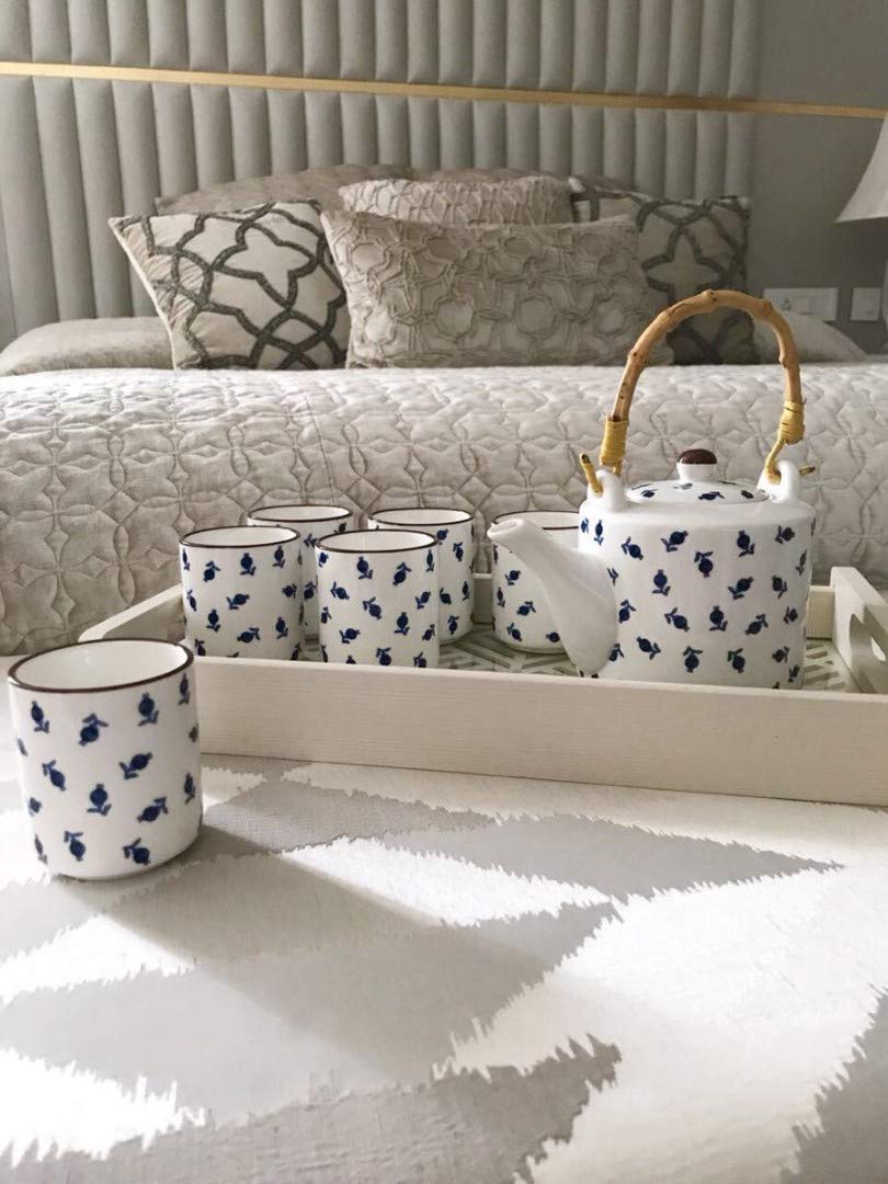 Buy Devnow Porcelain Blue Ikkat Tea Set (Set of 7) Online at Low Prices