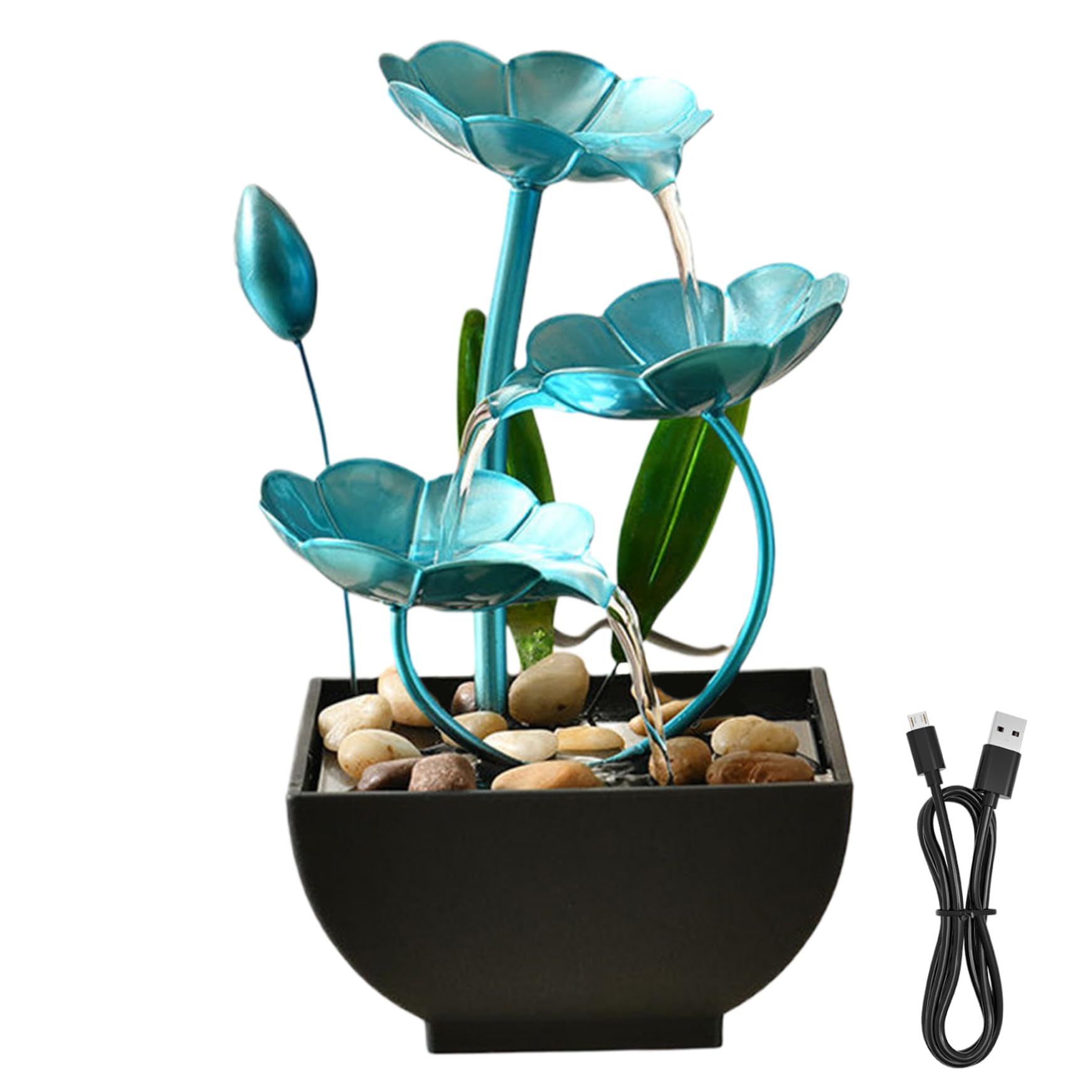FONTA DI ACQUA CABLETOPILE 5x5x9in decorazioni di loto interno a cascata FONTAIN USB Mini Zen Rilassamento Fiore per ufficio, soggiorno, camera da letto (blu)