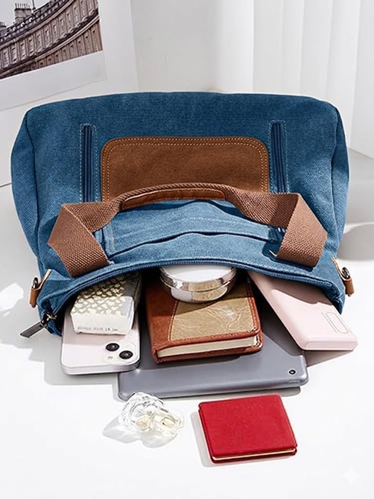 Canvas Hobo Shoulder Bag with Double Zippers, Brown Straps, Casual Tote Handbag for Women