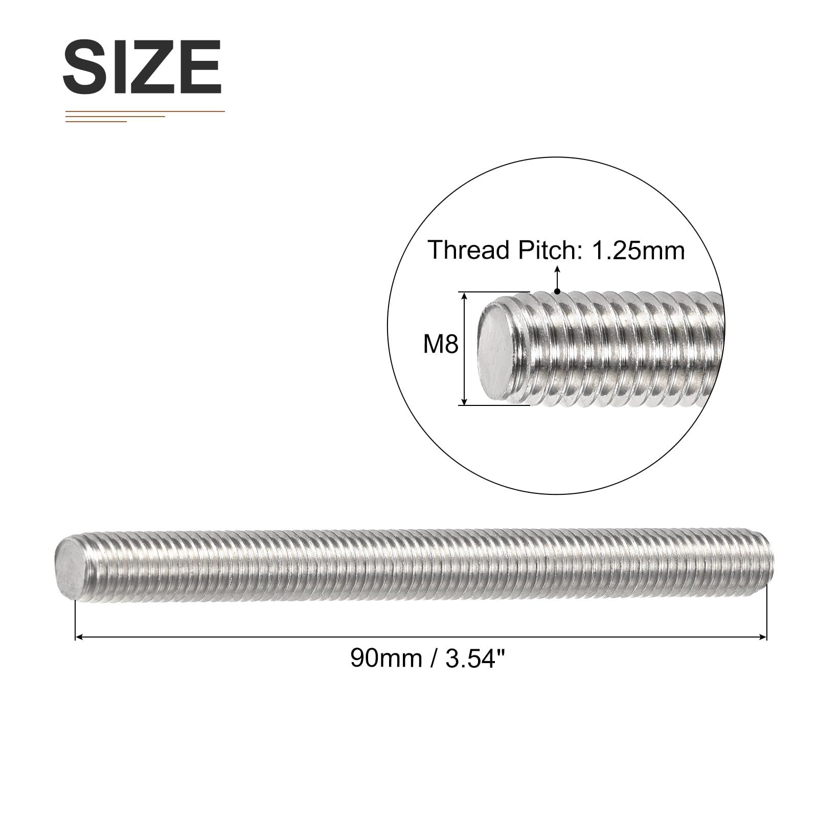 DTGN M8x1.25x90mm(DxPxL) Fully Threaded Rod, 12Pack, Good for Machinery, 304 Stainless Steel Right Hand Thread Rods Bar Studs - Image 2