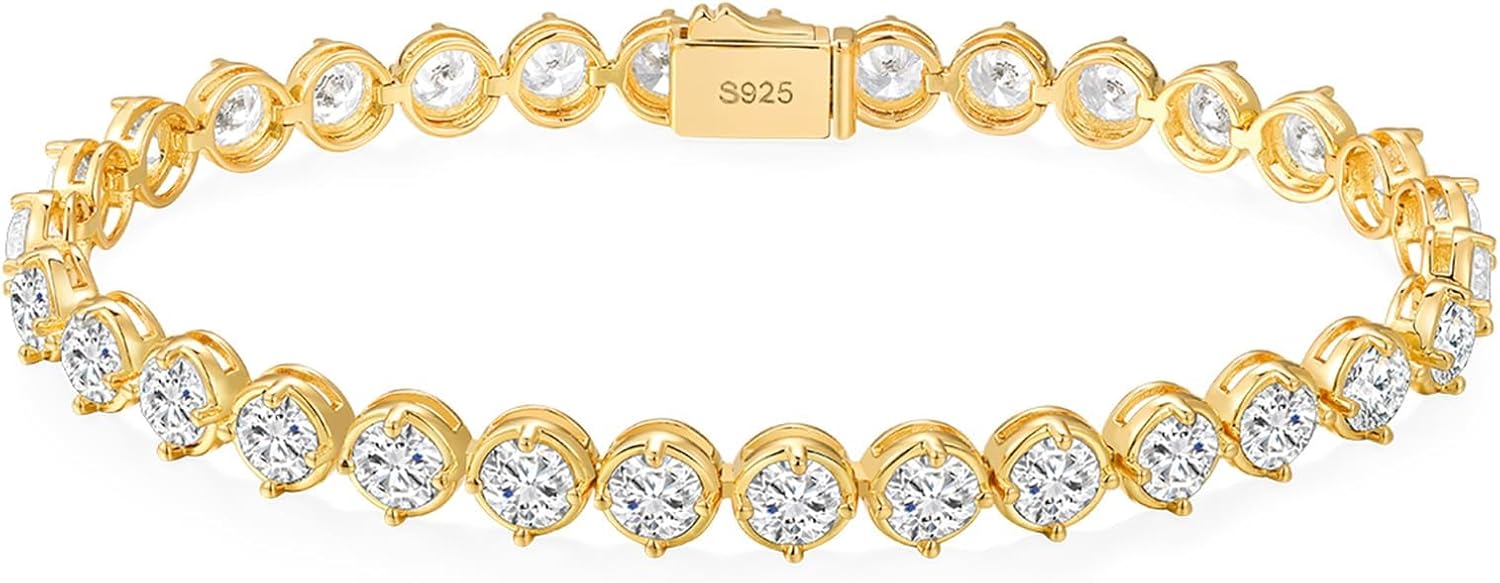 Sterling Silver 14K Gold Plated 2.5mm/3mm/4mm/5mm Round Cut Moissanite Tennis Bracelet, Classic Luxury Bezel Set Diamond Bracelets for Women Men Wedding Birthday Jewelry, Size 6.5" 7" 7.5" 8.3"