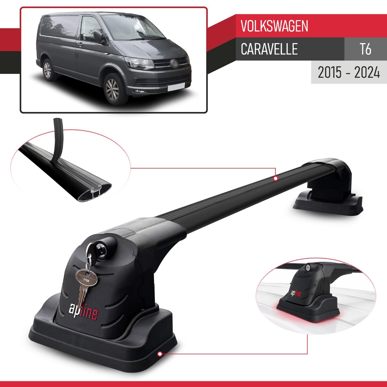 Kompatybilny z Compatible with Volkswagen Caravelle (T6) 2016-2022 ACE-3 Model Aluminiowy bagażnik dachowy 2 poprzeczki, czarne