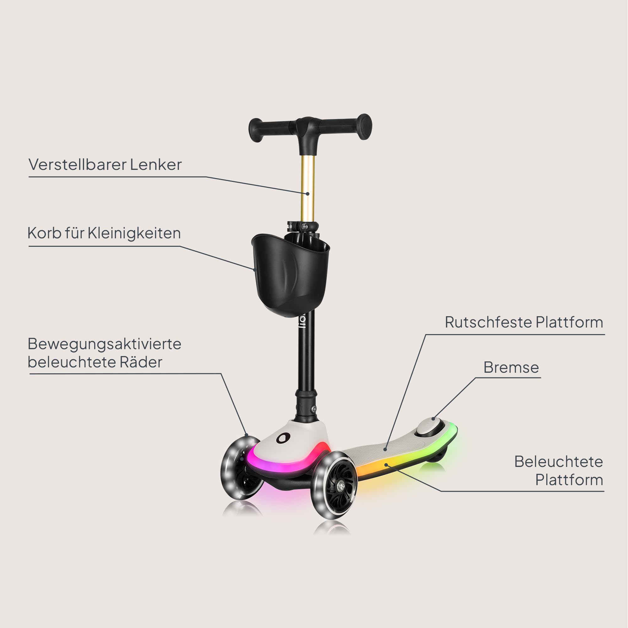 LIONELO MEY Kinder-Balance-Roller ab 3 Jahren bis 50 kg, dreirädriger Kinder-Roller mit Höhenverstellung, rutschfestes beleuchtetes Trittbrett und LED-Räder, Korb