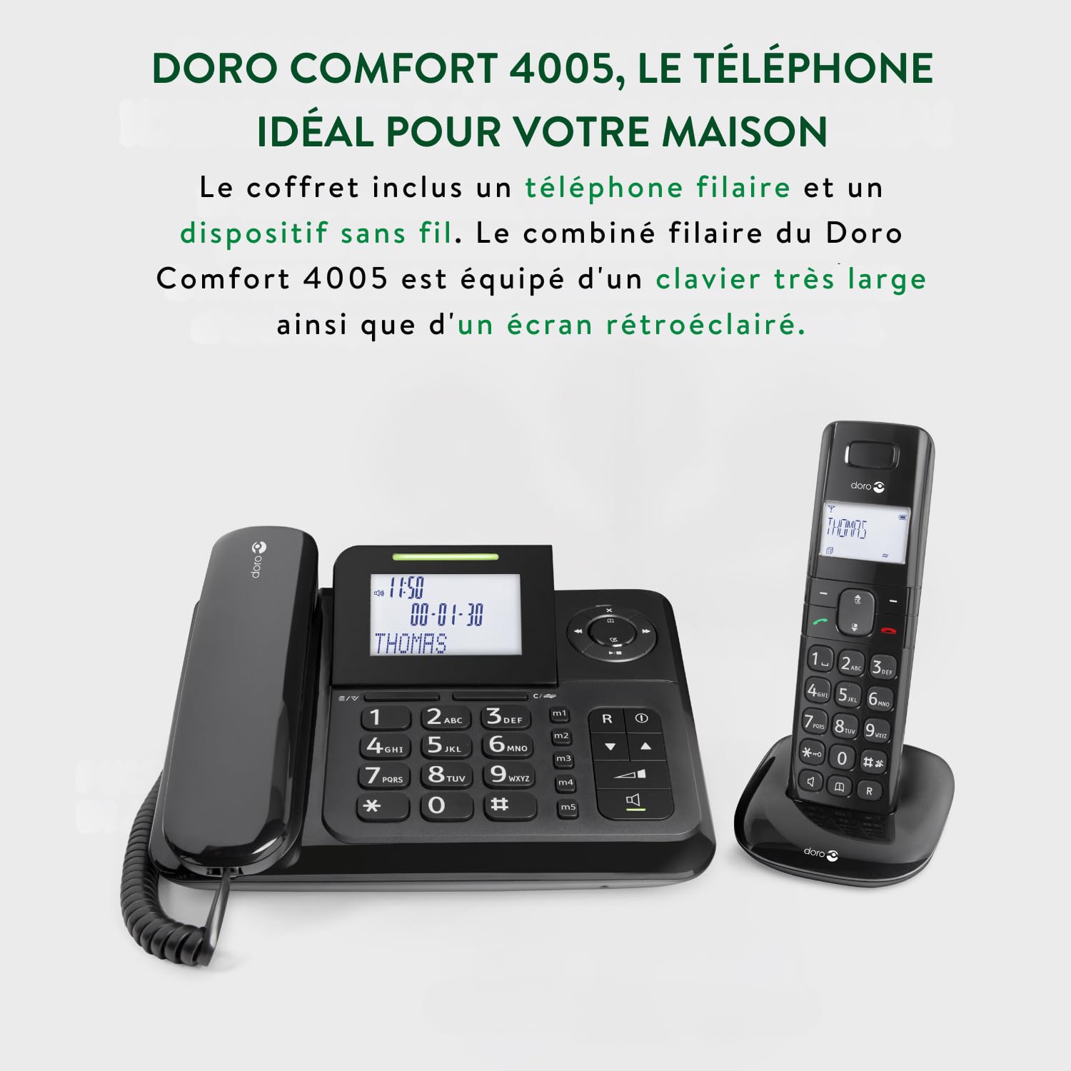 Doro Comfort 4005 téléphone Filaire + téléphone DECT sans Fil avec Répondeur (Noir) [Version Française]