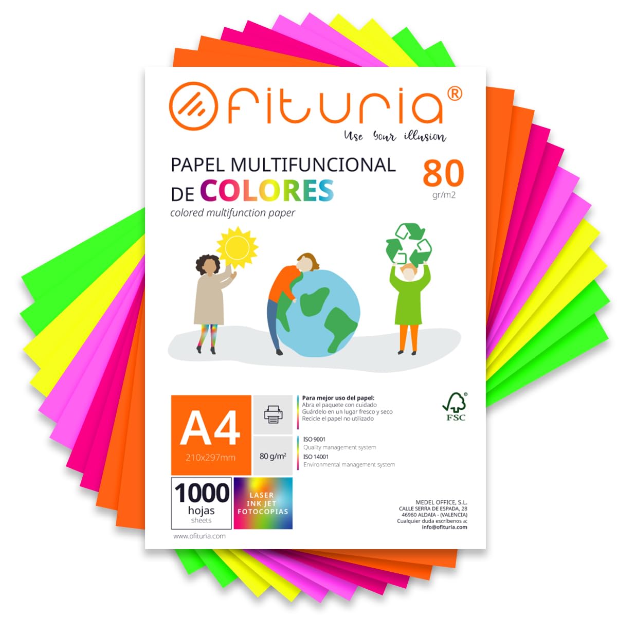 Coloured Sheets, Pack 1000 Sheets A4 80 g – Coloured Paper for Crafts, Printer, Scrapbooking – Colours – Ideal Origami, Papiroflexy, Office and School (Assorted Fluorine, 1000h)