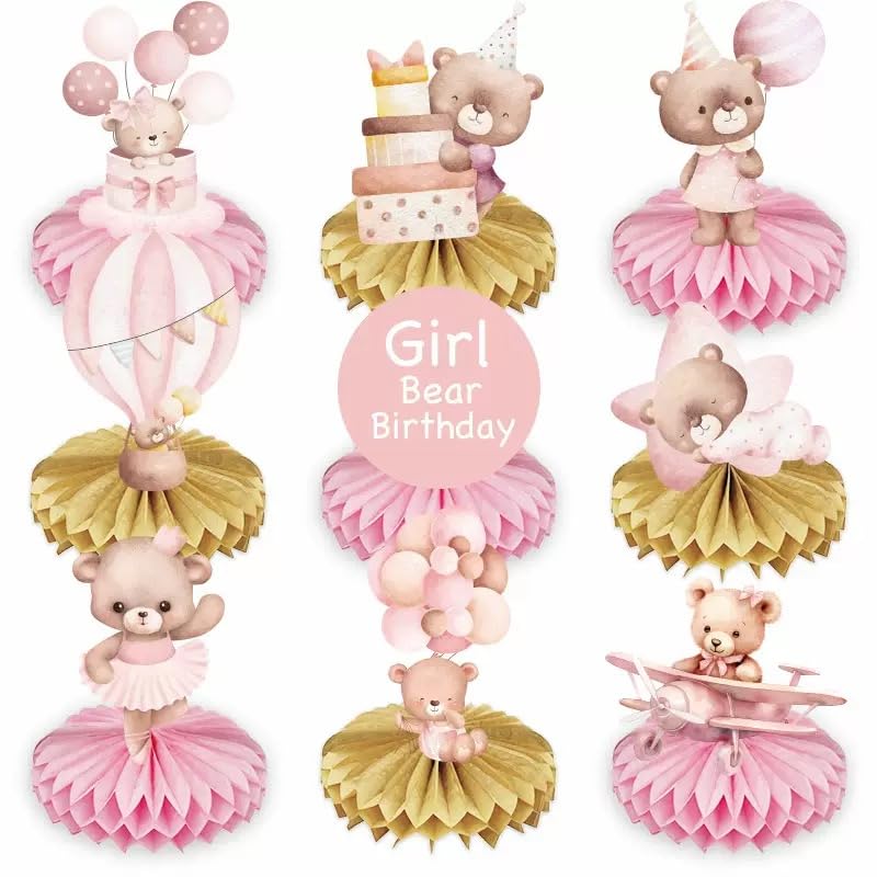 HEYOMI 9 centros de mesa para bautizo de niño, decoración de osito azul bautizo niño, género Reveal Party Decorations adornos mesa 3D oso para nacimiento cumpleaños niño Baby Shower (rosa)