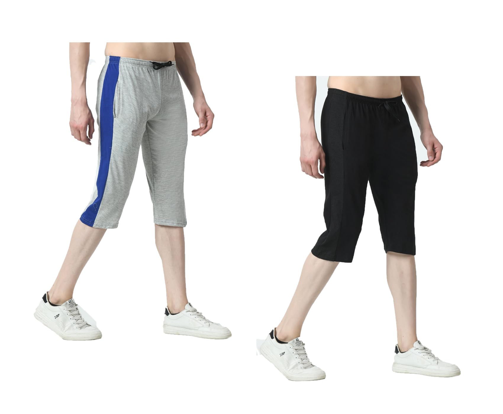 indi weaves Pack of 2 Men’s Cotton Capri Pants with Side Stripe (Patta), Elastic Waist with Drawstring (Nada), Pockets, Comfortable Casual Knee Length Shorts-picture-30