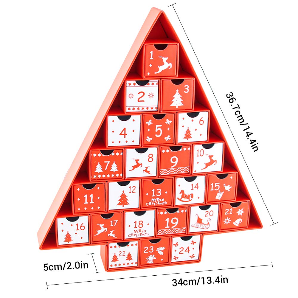 Natale Calendario Dell'Avvento, Calendario Avvento da Riempire, Scatoline Natalizie con 24 Cassetti Numerati, Forma ad Albero di Natale, Cartone di Alta qualità, per Decorazioni a Sorpresa (Rosso)