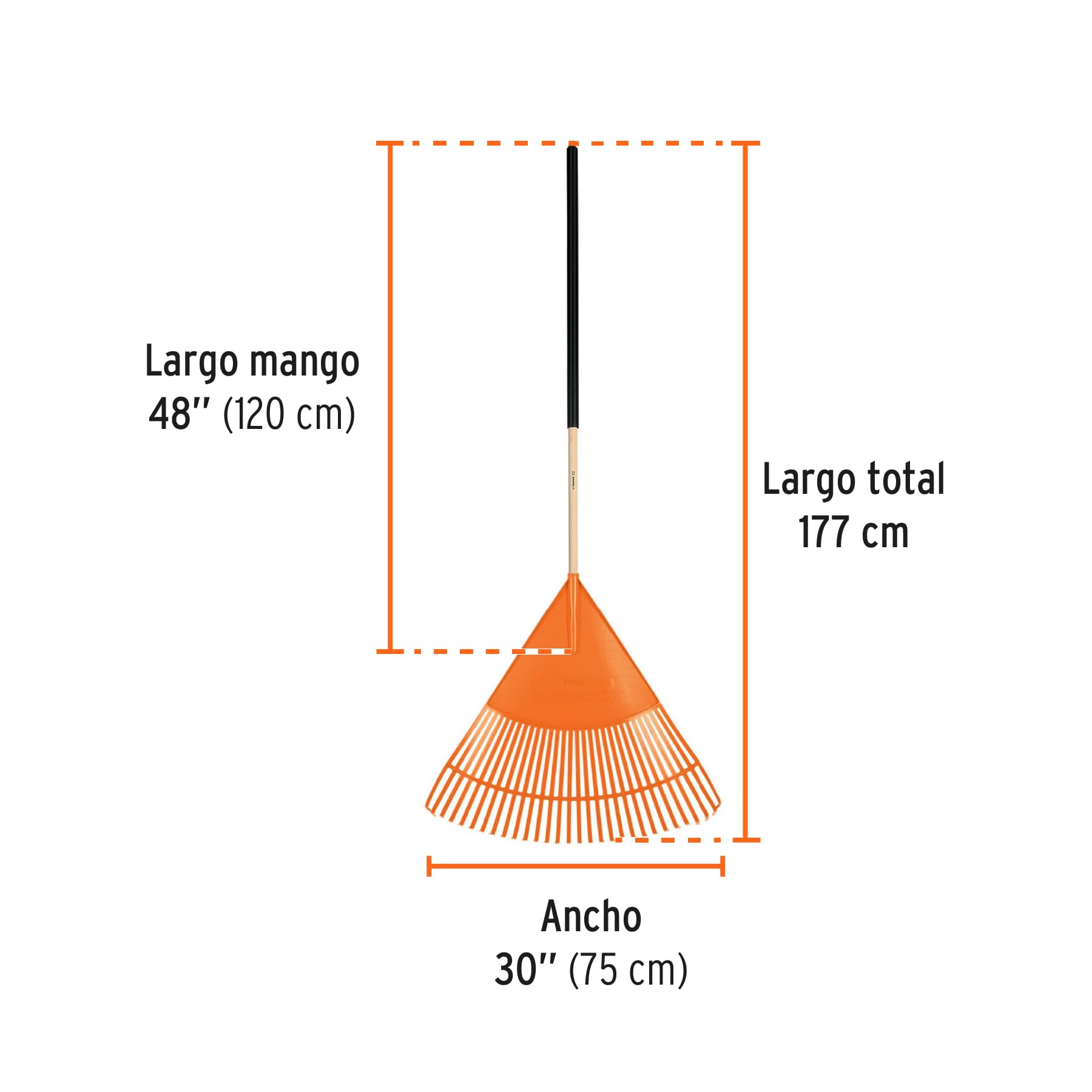 Truper 19065 Râteau à feuilles en plastique 30 inch Large (76 cm) Manche en bois avec grip confort – Orange