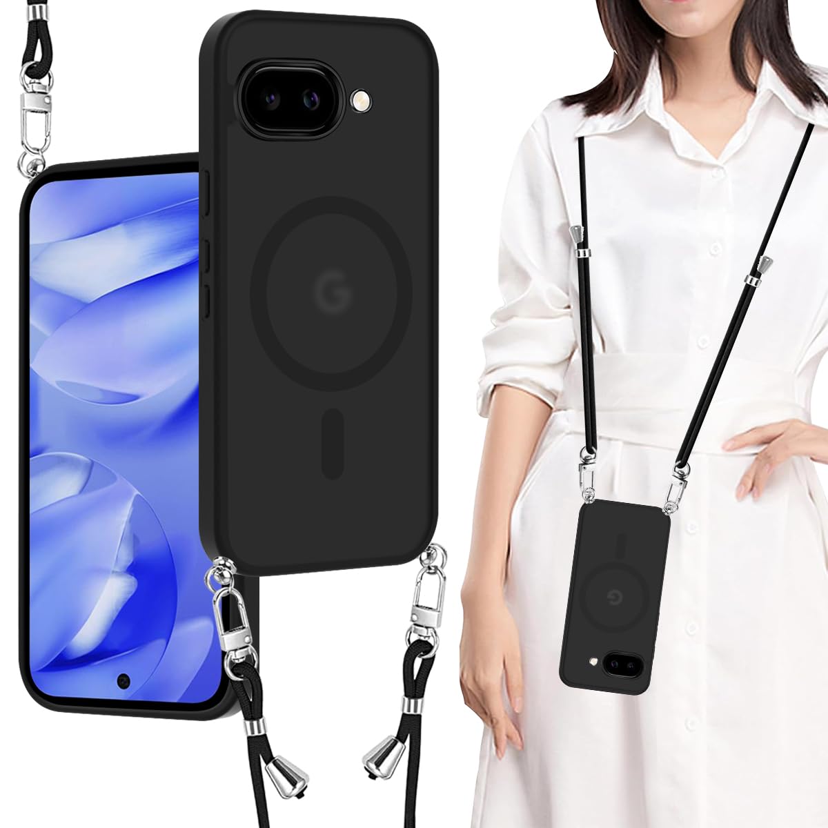 ZHIYIJIA Google Pixel 10A 用 ケース クリア ショルダー 半透明 TPU+PC ワイヤレス充電 アクリル背面 耐衝撃 マグネット搭載 ピクセル10a ケース マグセーフ対応 耐久性 滑り止め 黄変防止(ブラック)