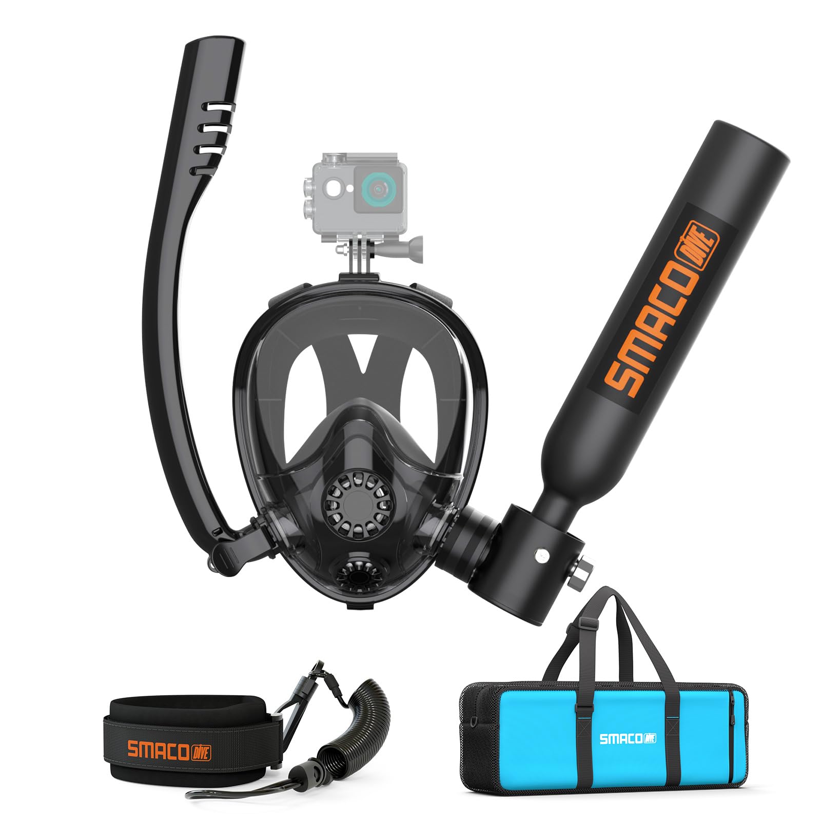 SMACO Scuba Tank with Sub-Mask Mini Scuba Tank 0.5L Provide About 6 Minutes Underwater Breath Within 30ft Diving Depth, Small Scuba Tank Diving Tanks for Shallow Water Diving, Black