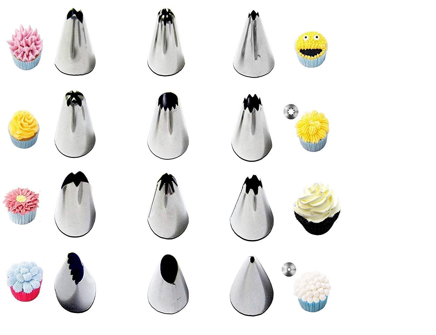 Perfect Pricee Stainless Steel Nozzles with Extra 50 Piping Bag Cake Muffin Decoration Icing Reusable and Washable Kitchen Tool Kit; Standard Size; Silver -Set of 12 Pieces 1