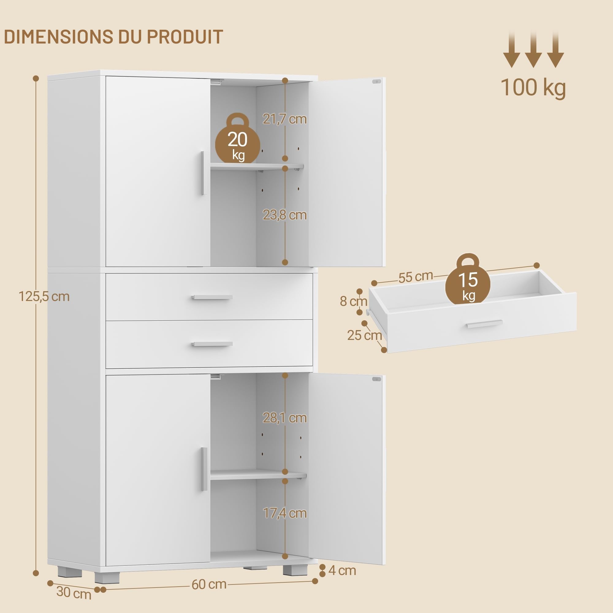 Hzuaneri Meuble Salle de Bain, Armoire sur Pied Haute avec Étagère Réglable, Meuble de Rangement avec 4 Tiroirs et 2 Portes, Commode, pour Salon, Salle de Bain, 30 x 60 x 125,5 cm Blanc SC60003X